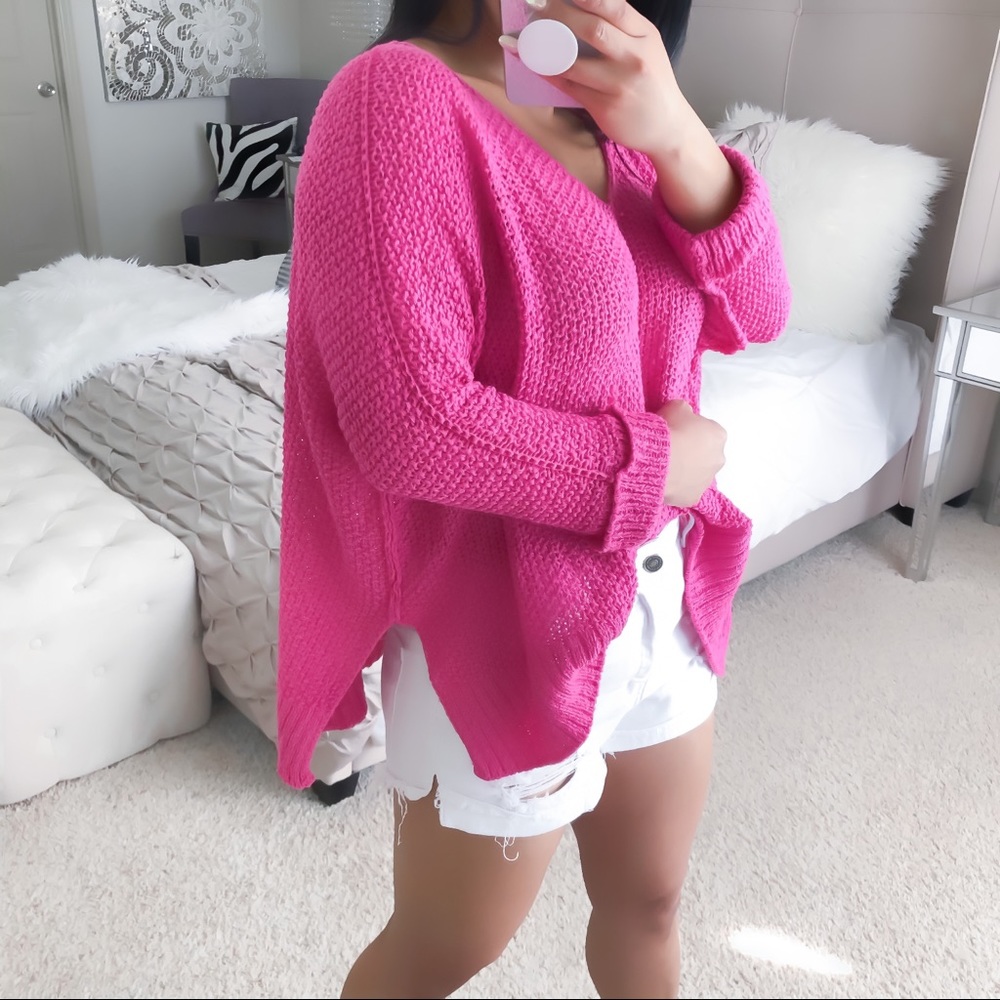 Hot Pink open knit casual top - Picture 3 of 8